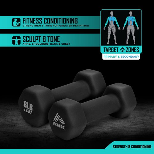 RBX Weights Dumbbells Set - Neoprene Arm Weights with Non-Slip Grip, Strength Training Equipment Workout Weights for at Home or Gym Training, Anti-Roll Black