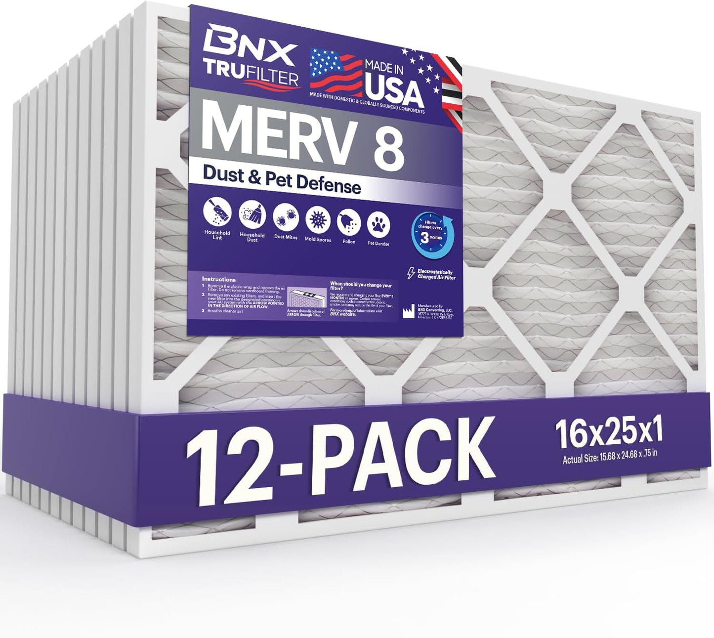 BNX TruFilter 12x12x1 MERV 8 Air Filters (6-Pack) - USA-Made Dust & Pet Defense for HVAC