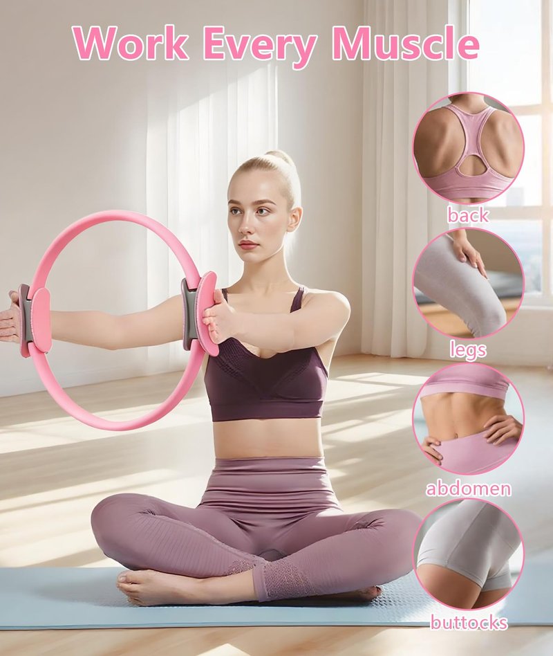 Pilates Ring Set with Adjustable Resistance, Full Body Workout Kit for Women, Portable Travel Bag (Pink)
