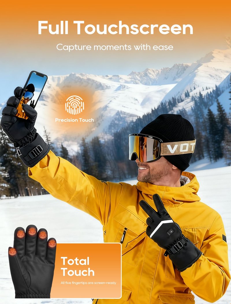 Heated Gloves, Rechargeable Heated Gloves for Men Women, Waterproof Electric Heating Ski Gloves with Touchscreen for Cold Weather Motorcycle Skiing Snowboarding Hiking Hunting Gifts (Black, Pro)