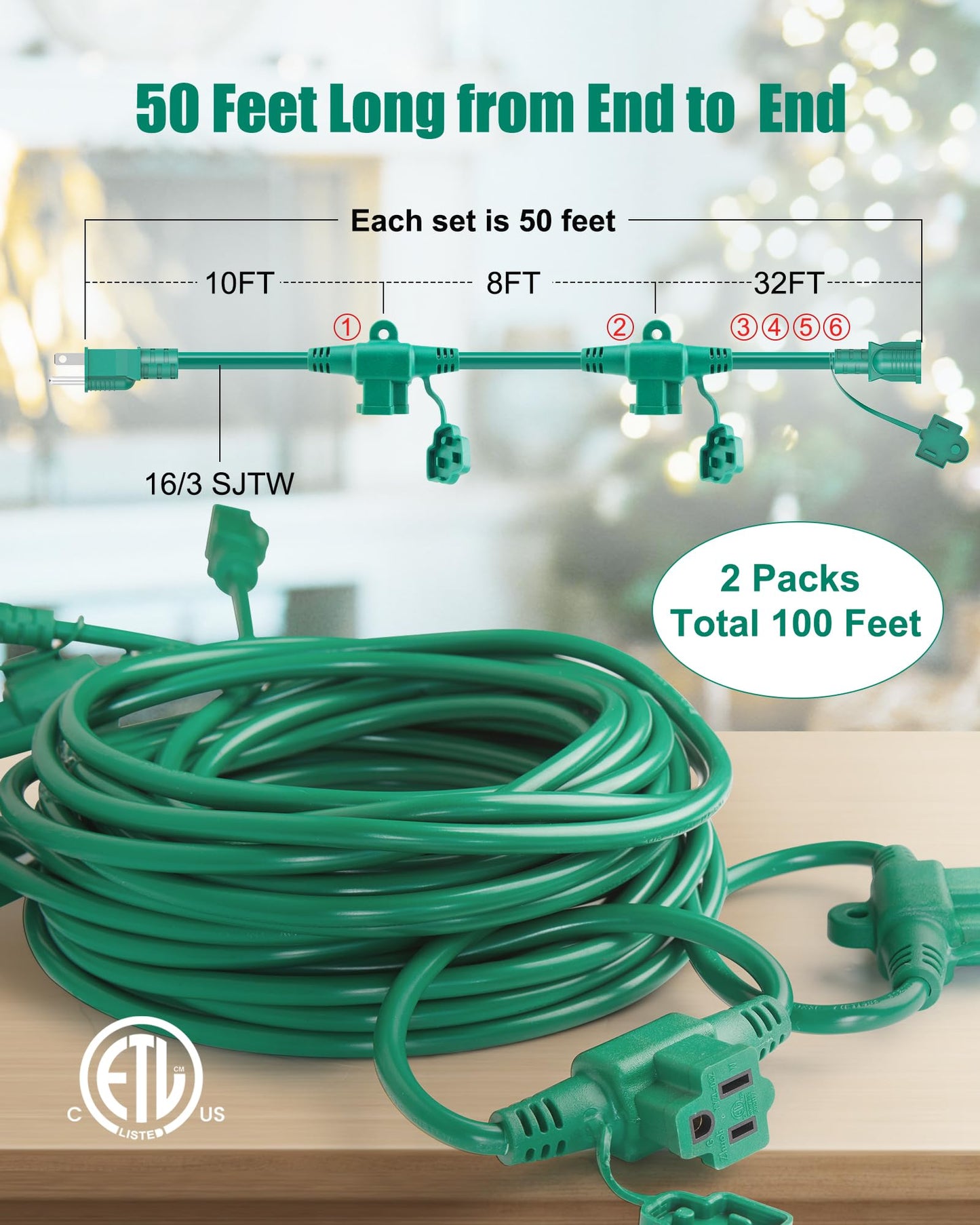 Brightown Outdoor Extension Cord Multiple Outlet, 2 Packs Each 50 Ft Christmas Light Extension Cord Evenly Spaced 6 Outlets Plugs with Safety Cover, 16/3 SJTW Green Extension Cord Waterproof