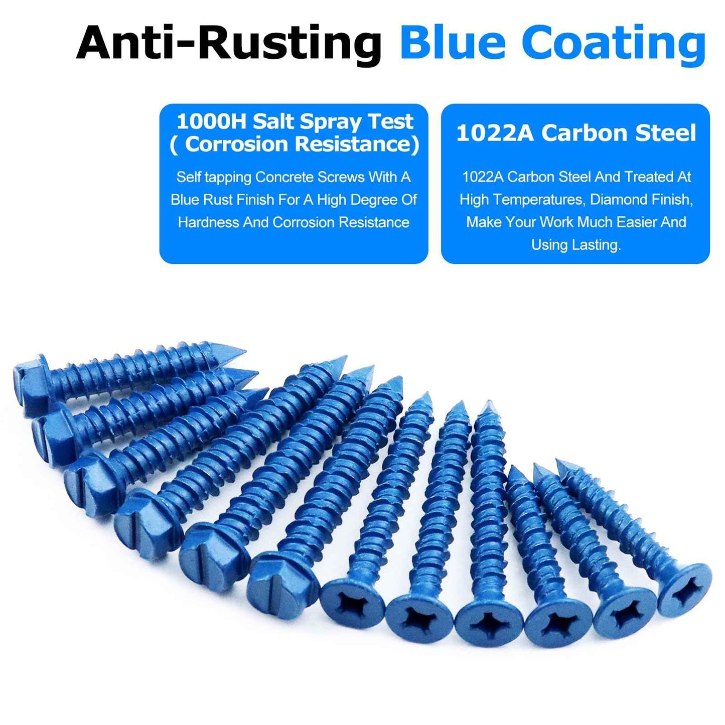 200PCS Concrete Screws Assortment Kit, 1/4 3/16 Masonry Screws with Drill Bit and Driver Bit, 4 Size Flat & Hex Head Cement Screws and Anchors, Diamond Point, Self Tapping Concrete Brick, Blue Coated