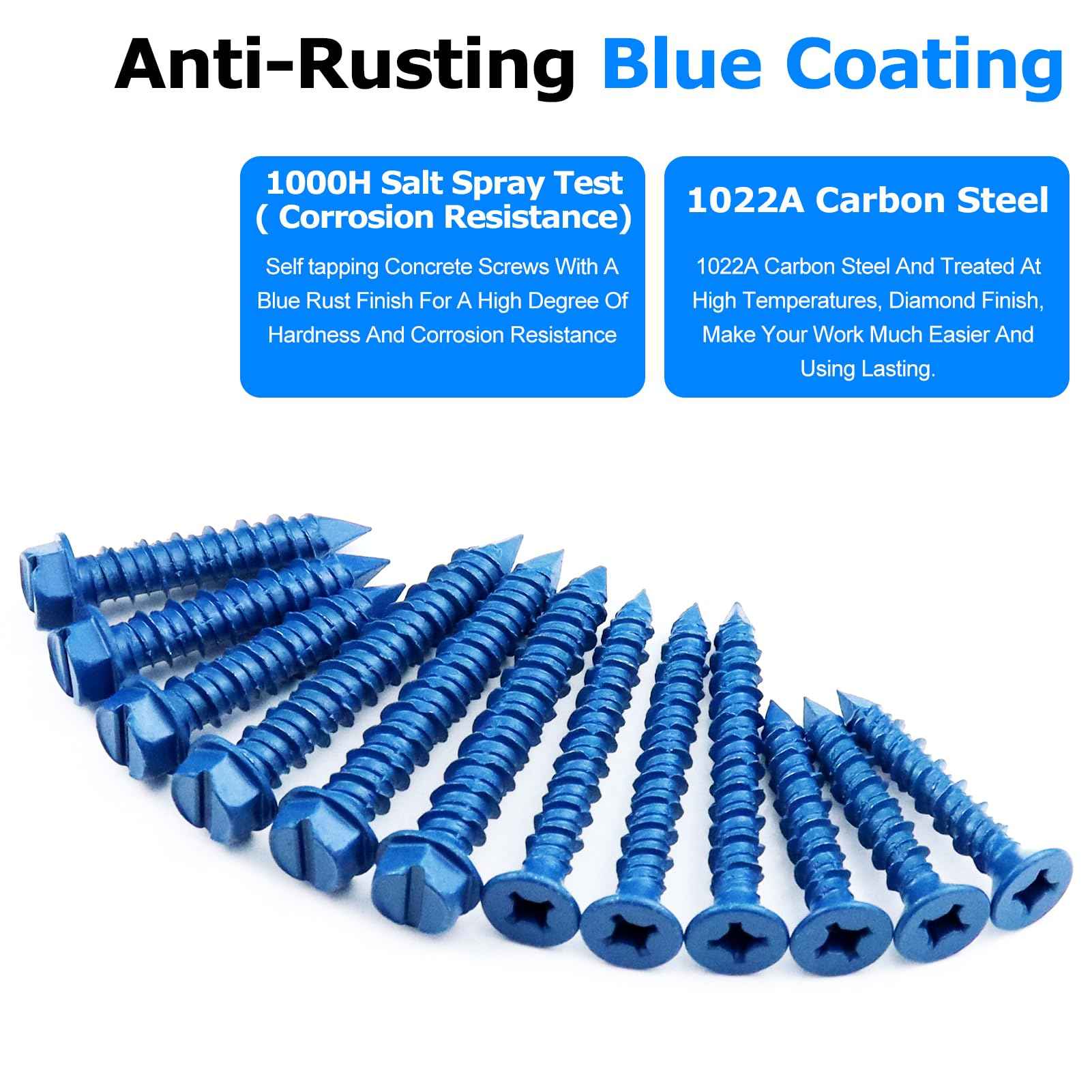 200PCS Concrete Screws Assortment Kit, 1/4 3/16 Masonry Screws with Drill Bit and Driver Bit, 4 Size Flat & Hex Head Cement Screws and Anchors, Diamond Point, Self Tapping Concrete Brick, Blue Coated