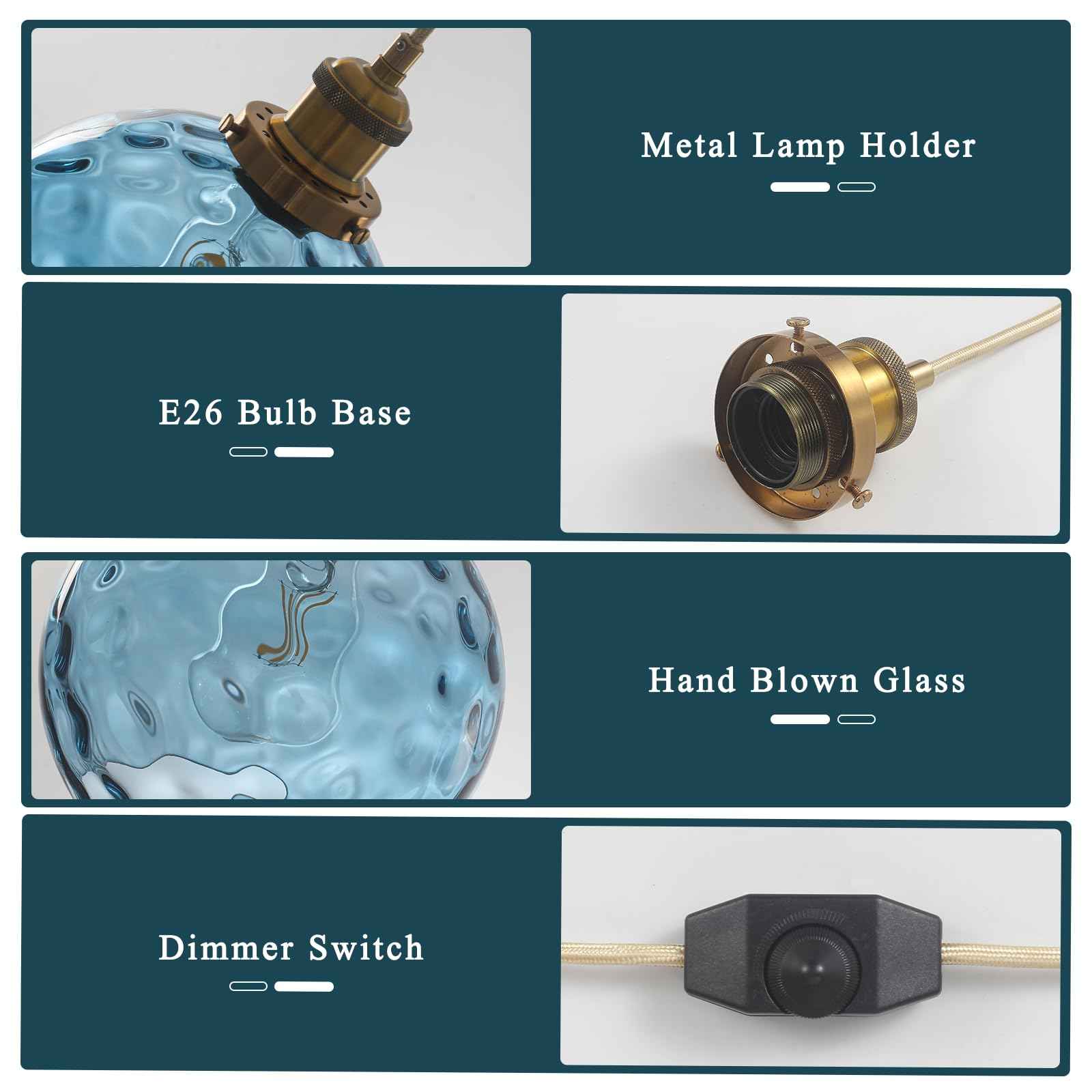 Bedoxin Plug in Pendant Light, Handblown Glass Pendant Light with Dimmable Switch Hanging Lights with Plug in Cord 15ft, Hanging Lamp Plug in for Dining Living Room Kitchen Island Bedroom