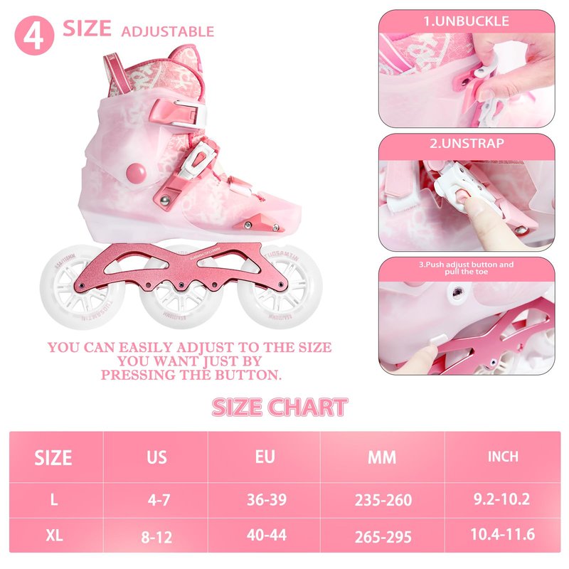 TUOSAMTIN Inline Skates for Women Adult and Girls, Adjustable Outdoor Inline Skates with 3 110MM Wheels (L(4-7US))