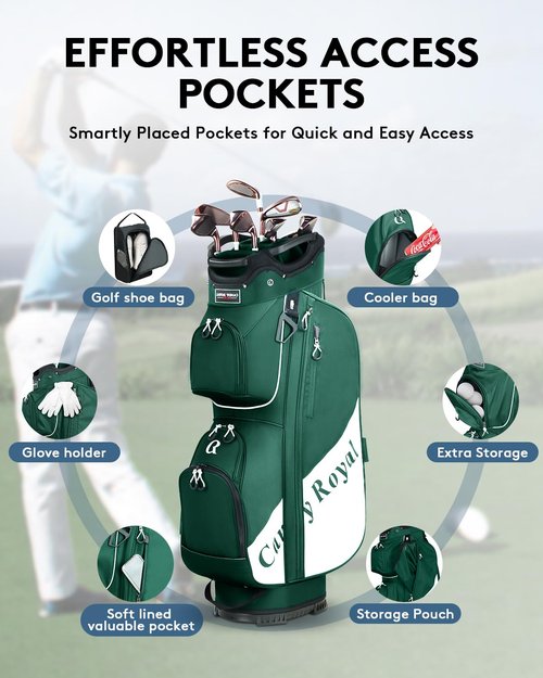 Golf Cart Bag:14 Way Full Length Divider Top Lightweight with Cooler Handles Rain Cover and Golf Shoe Bag Green (Dark Green)