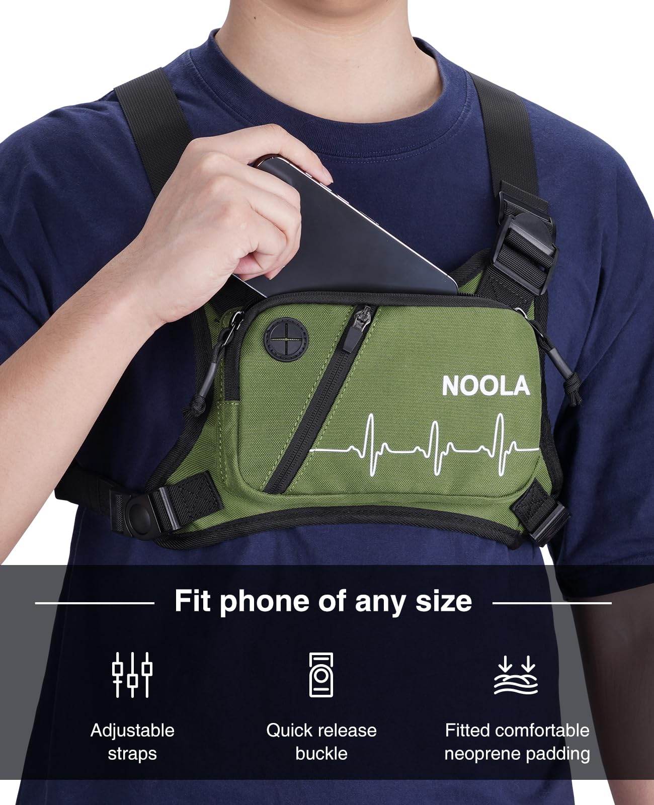 NOOLA Running Chest Pack, Running Vest for Men Women with Reflective Back, Lightweight Sport Chest Bag for Runners, Cycling, Biking, EDC Pouch, Phone Holder Carrier for Jogging, Green