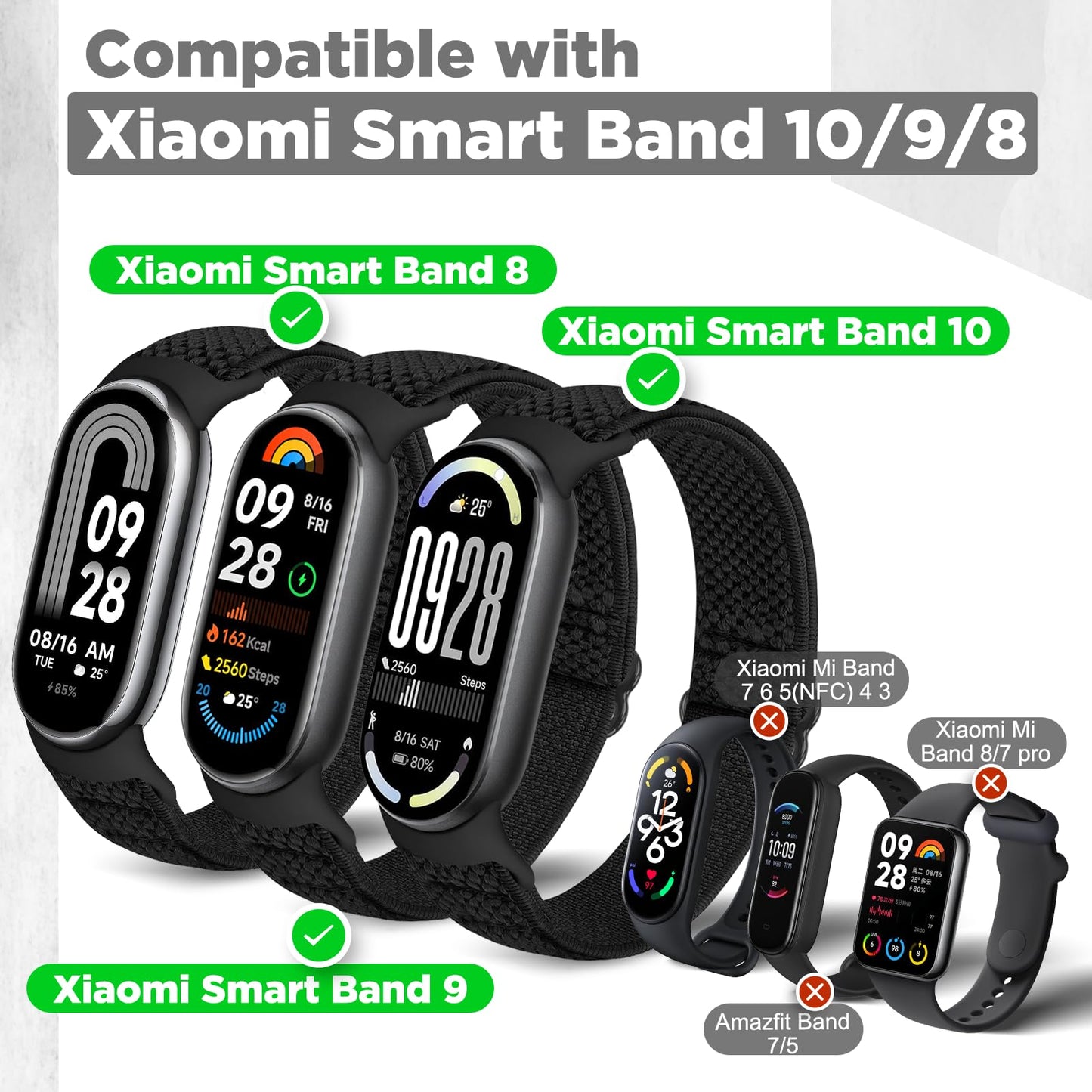 Bcuckood Elastic Bands Compatible with Xiaomi Smart Band 10/9/8 for Women Men, Stretchy Solo Loop Soft Nylon Elastic Strap Replacement Wristband for Xiaomi Mi Band 10/9/8，3 PCS