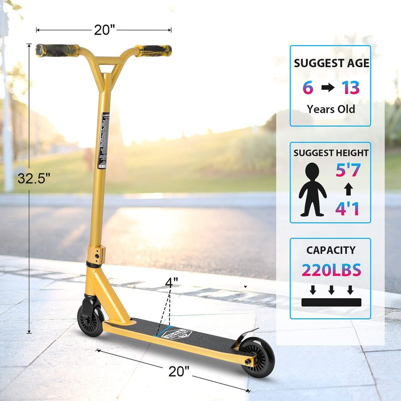 VOKUL Gold Pro Stunt Scooter - Entry Level Tricks Freestyle Pro Scooter for Age 6 Up Kids,Boys,Girls - Reinforced 20" L4.1 W Deck(Gold)