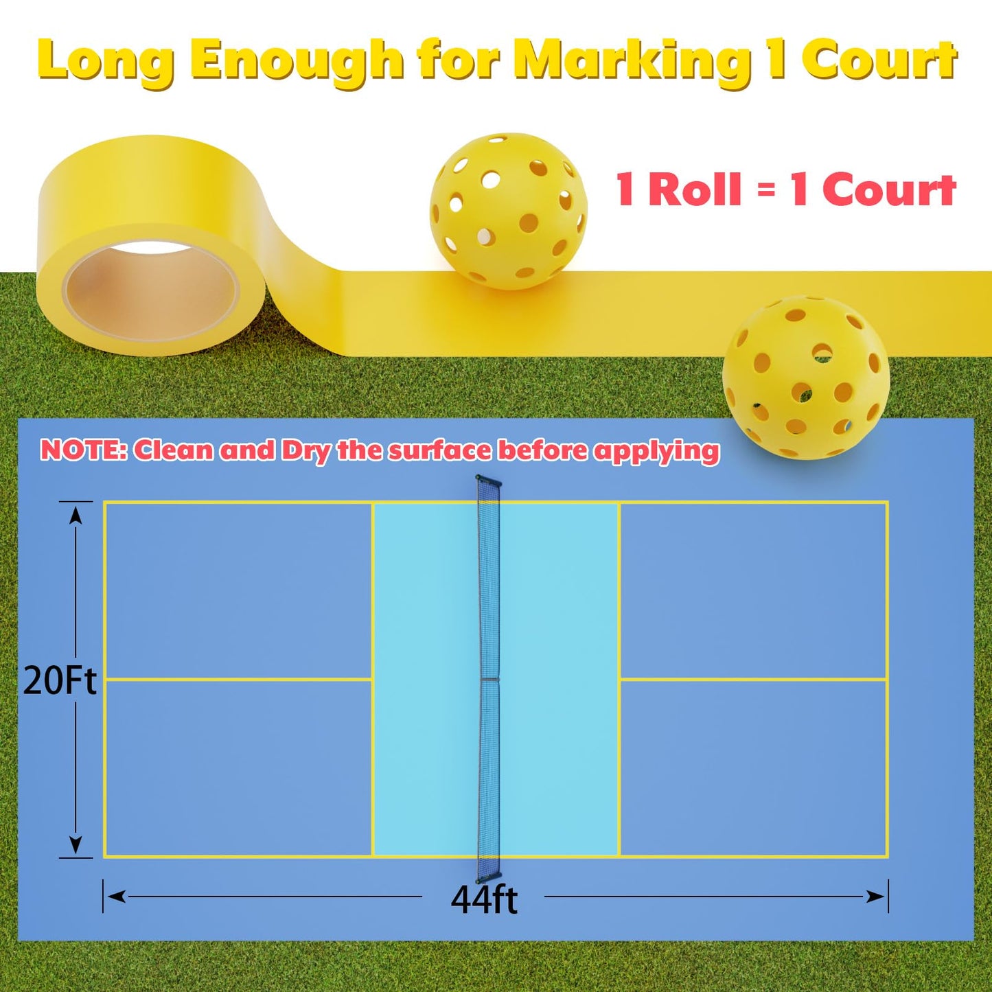 Pickleball Court Tape Outdoor Yellow Marking Line - 212 ft x 2 in Full Size Court Floor Sports Marking Tape for Pickle Ball, Tennis, Badminton, Car Park, Backyard, Water-Resistant & Tear Resistant