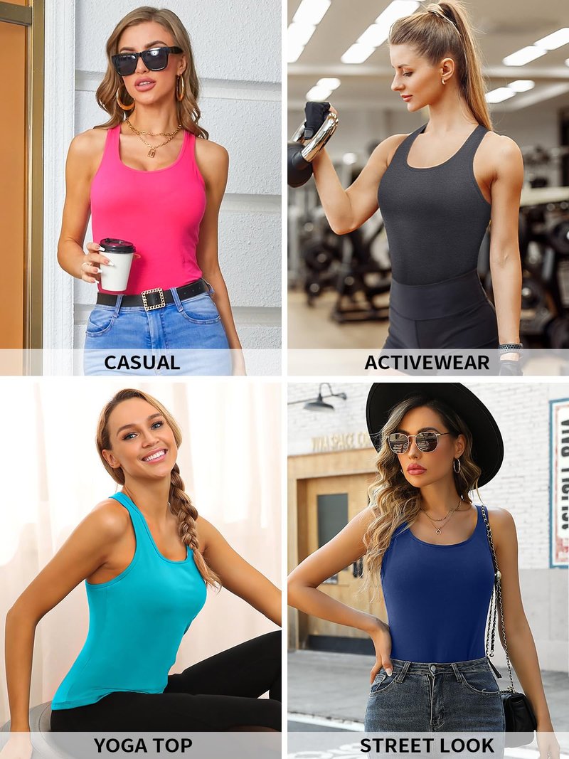 V FOR CITY Womens Racerback Tank with Wide Strap Shelf Bra Cotton Camis Fitted Yoga Workout Tops 2 Pack Black/Aqua S