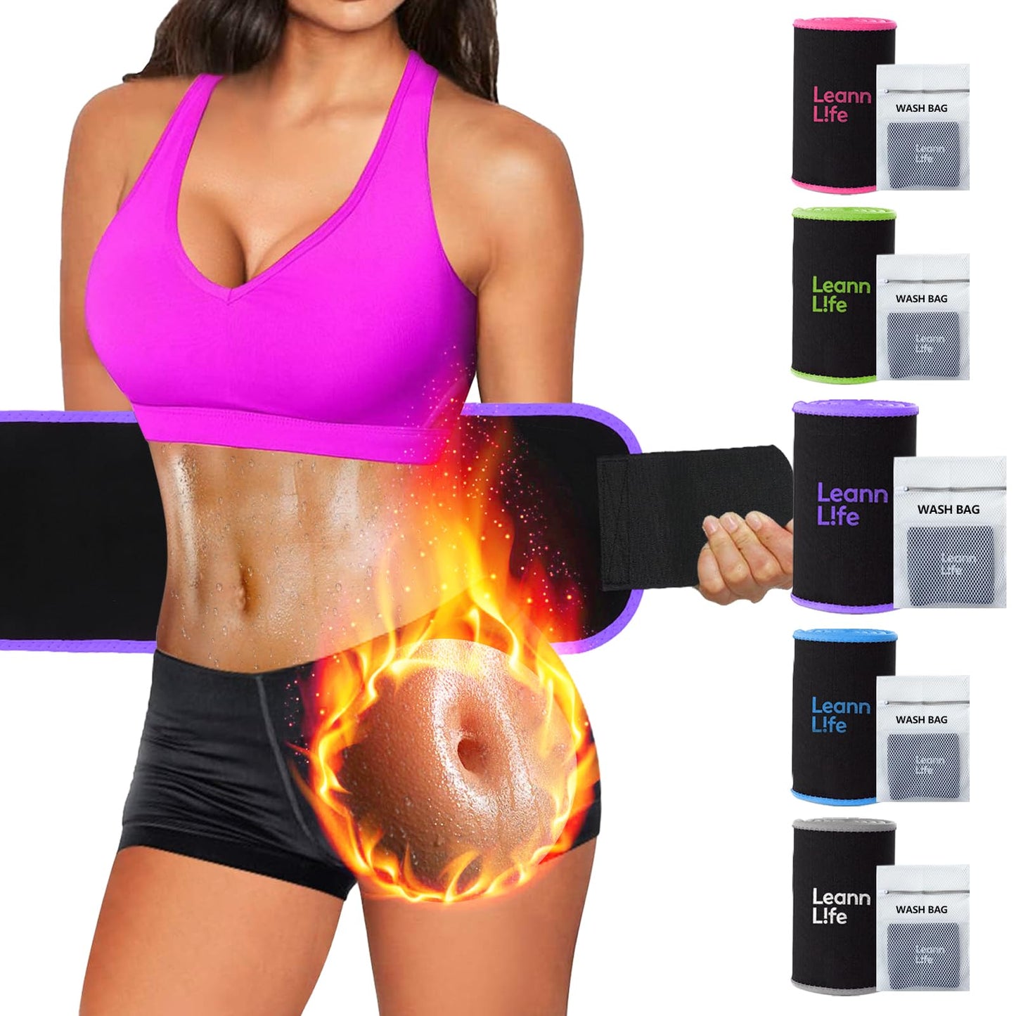 Leann L!fe 52” Waist Trimmer for Slim Belly, Premium Sweat Band Enhancing Fitness Belt for Weighted Hula Hoop Weight Loss, Waist Trainer Women and Men, Stomach Sweat Wrap, Black/Purple