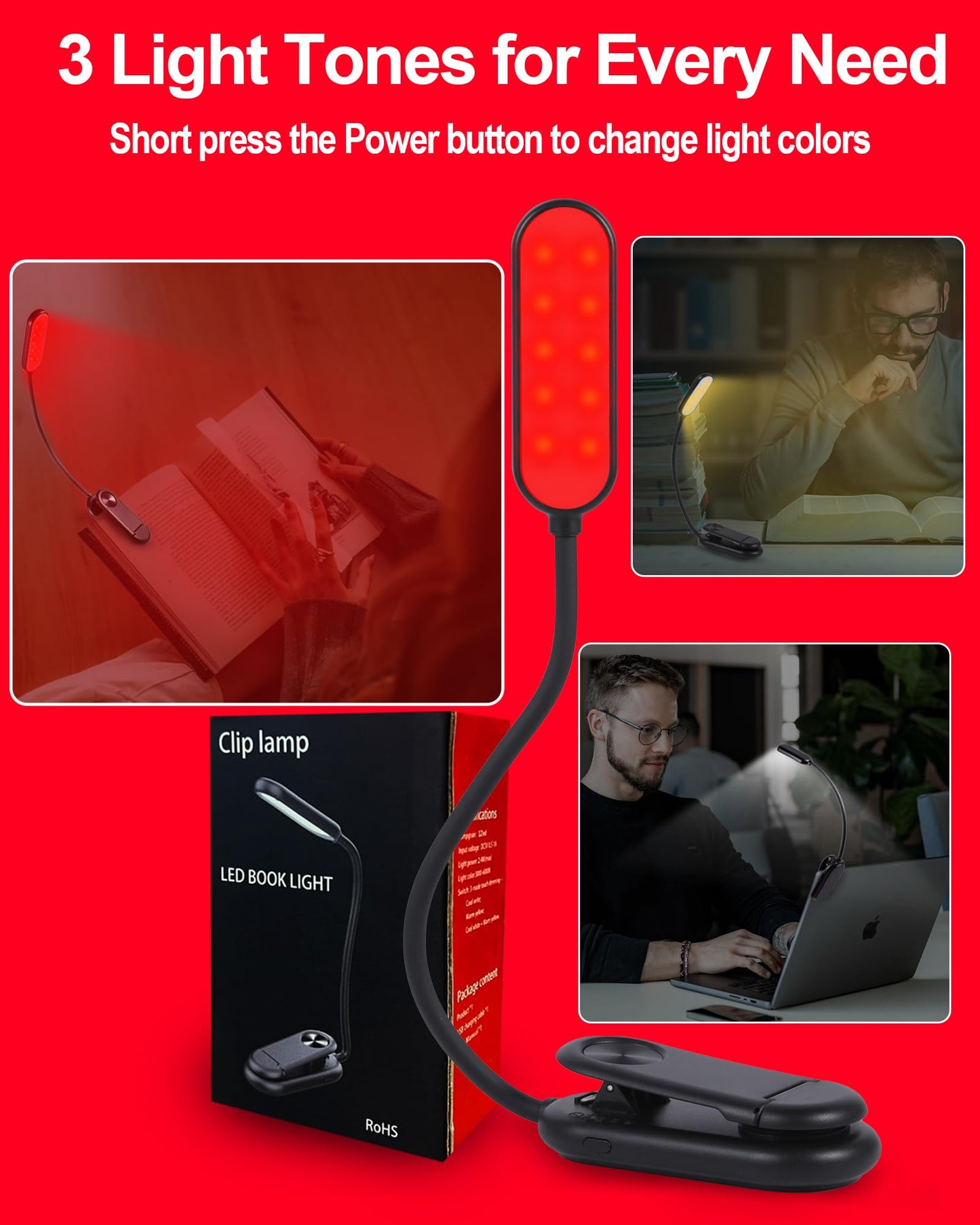 Finezeal 625nm Red Book Light - Rechargeable Clip On Red Reading Light Therapy for Sleep - No Blue-Light, Poratble LED Book Lamp, Gift for Kids Students Travel Nursing Studying - 3 Adjustable Modes