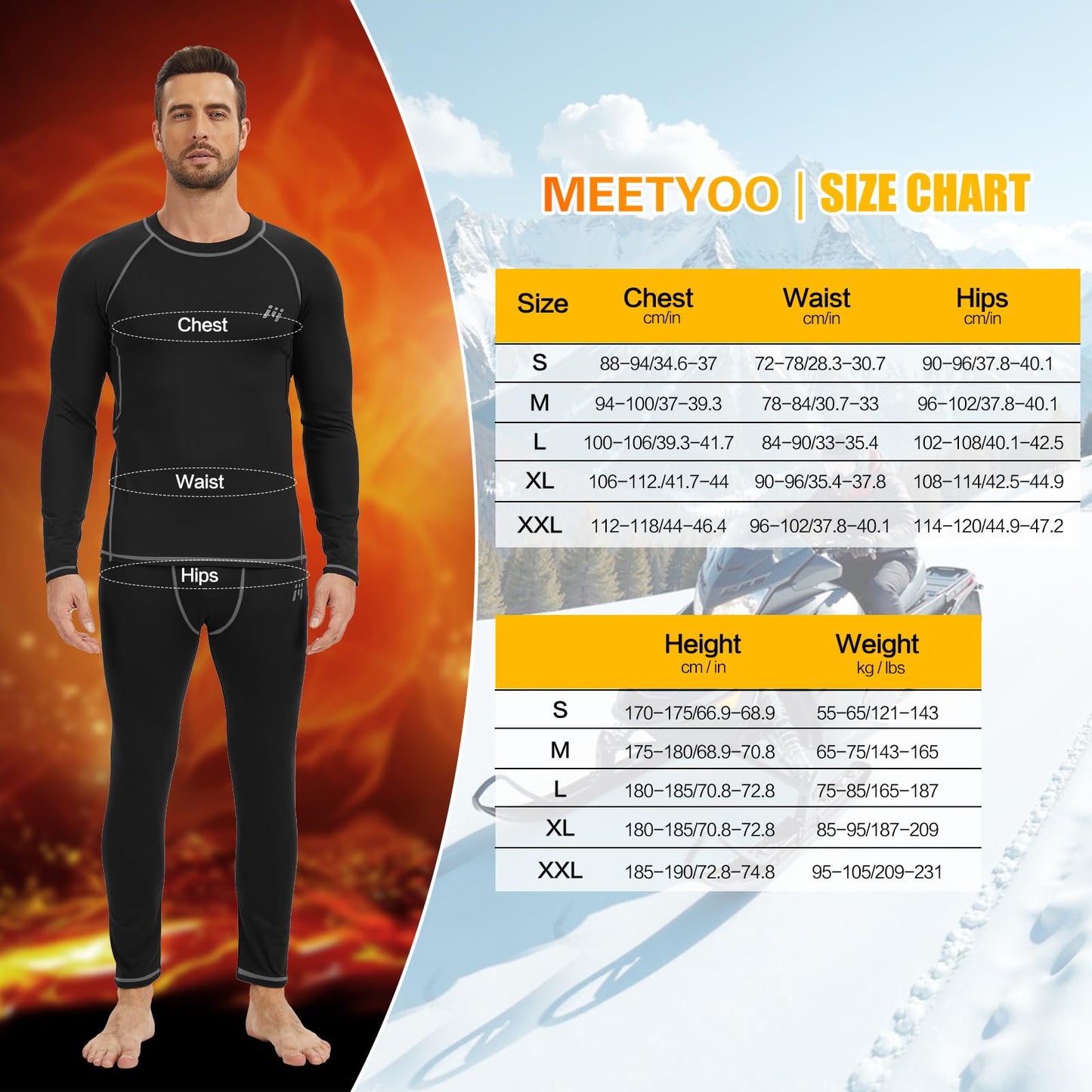 MeetHoo Men Thermal Underwear Set Long Johns with Fleece Lined Base Layer Men Cold Weather Top Bottom for Skiing Running