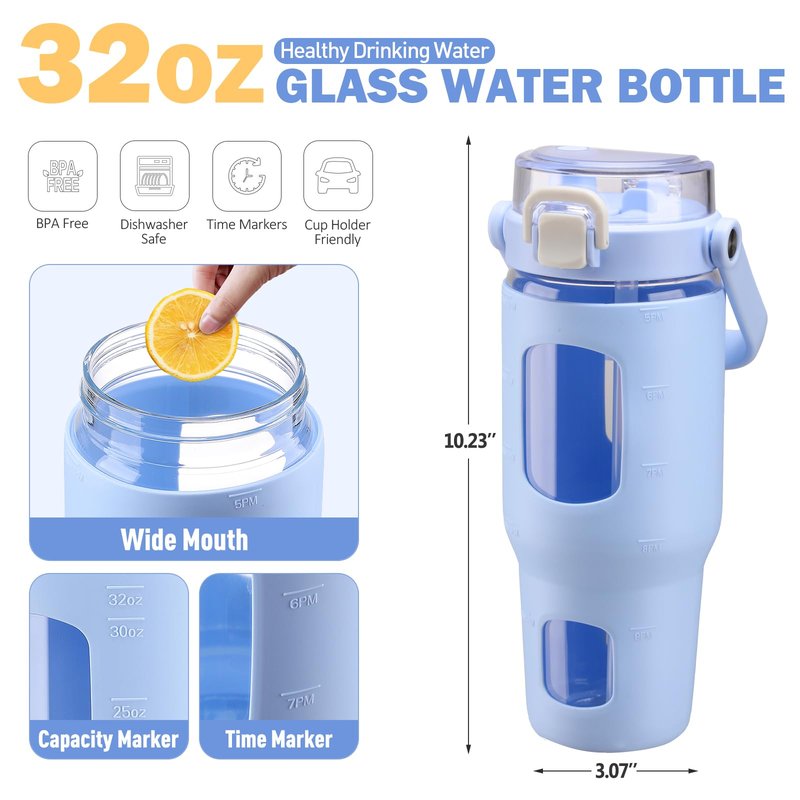 BLUEGO 32oz Glass Water Bottles with Straw Time Marker Half Gallon Large Motivational Water Bottle with Silicone Sleeve 2 Liter Large Glass Water Jug for Gym, Sports& Workout, Daily, Light Blue