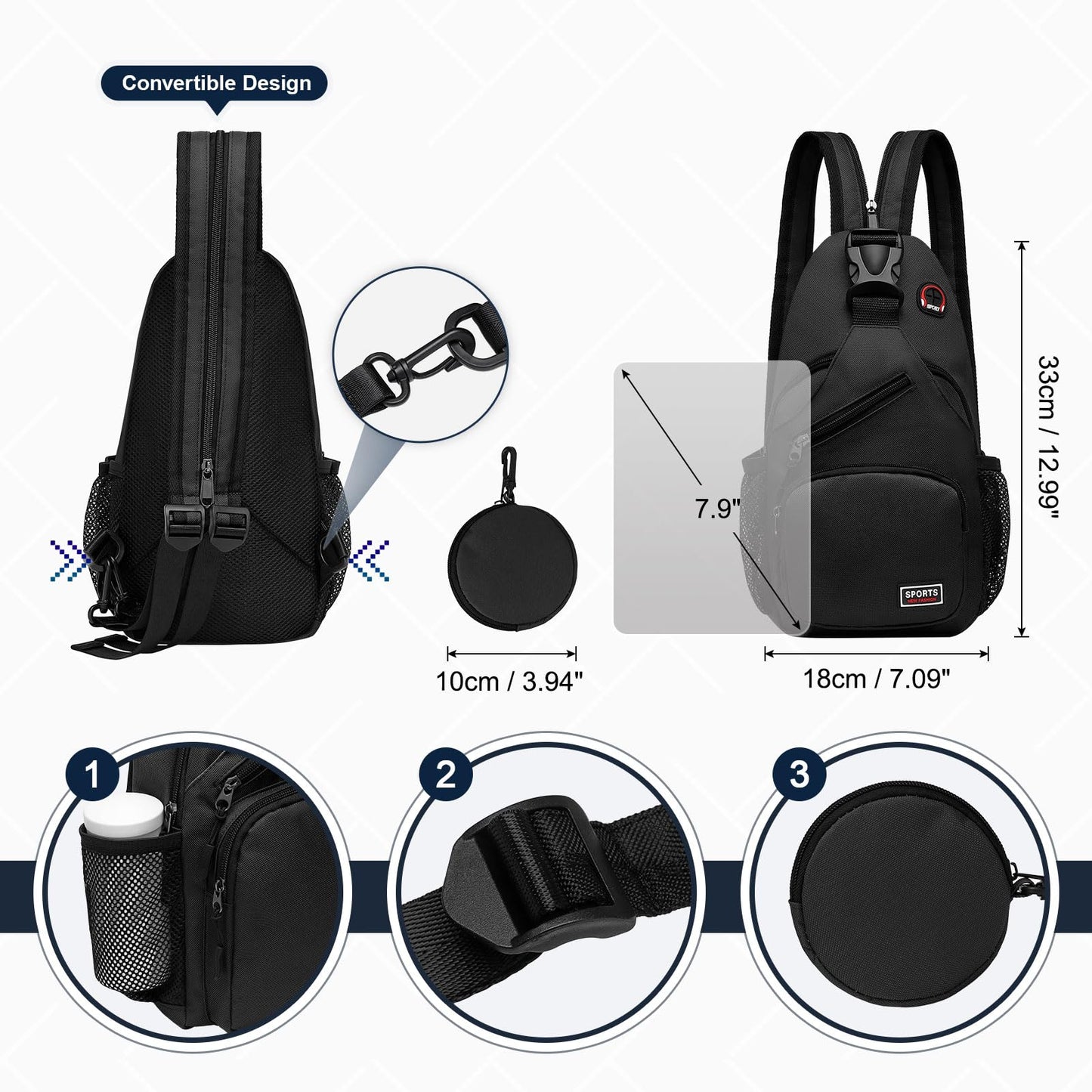 SUIKIHUM Convertible Sling Bag with Coin Pocket, 7.9" Tablet Crossbody Mini Backpack with Headphone Jack Casual Pack for Women Men Travel, Black