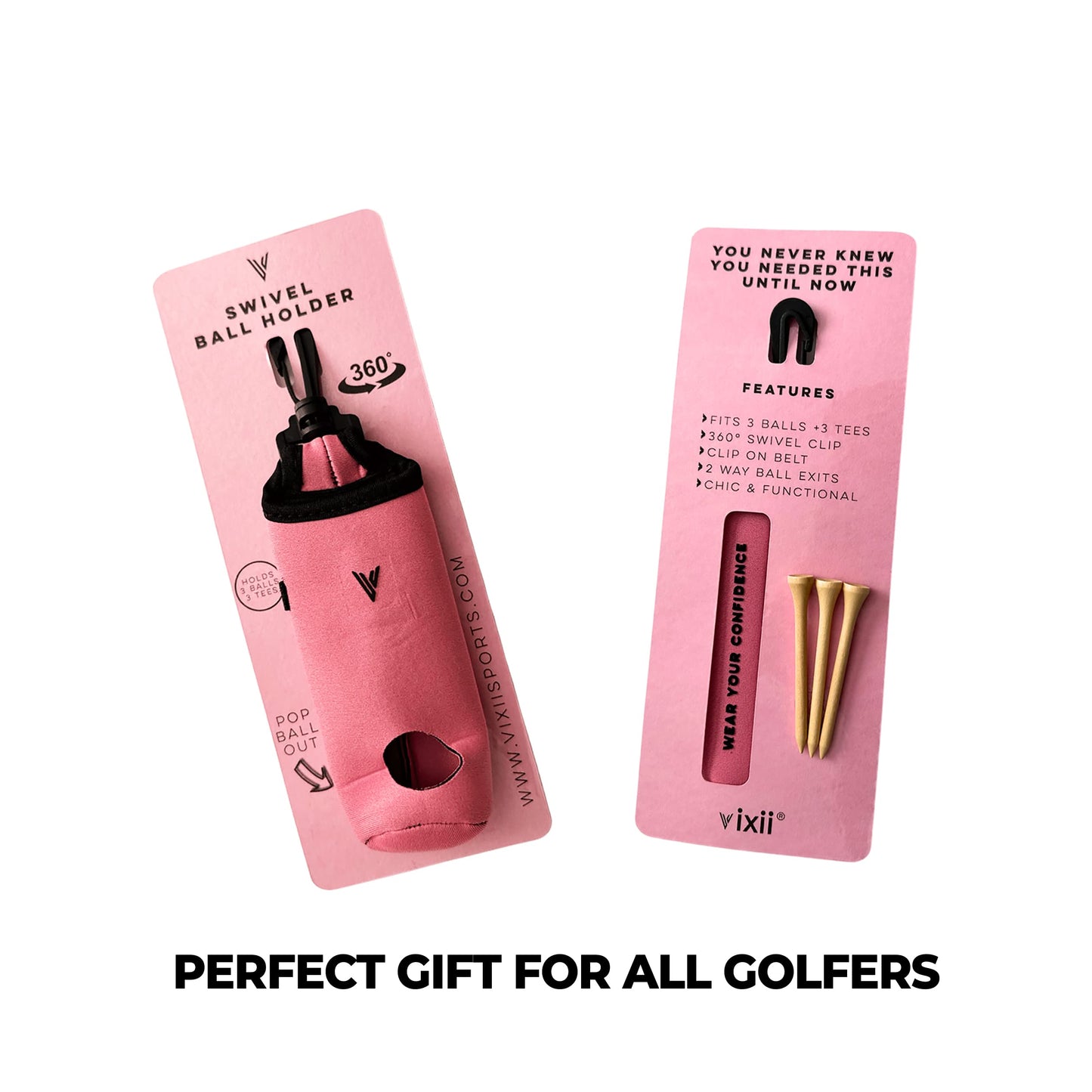 VIXII Golf Ball and Tee Holder - Holds 3 Golf Balls and 3 Tees, Soft Carry Bag Pouch with Secure 360° Swivel Keychain Belt Clip Hook, Gift Accessories for Golfers and Women’s Birthdays - Black