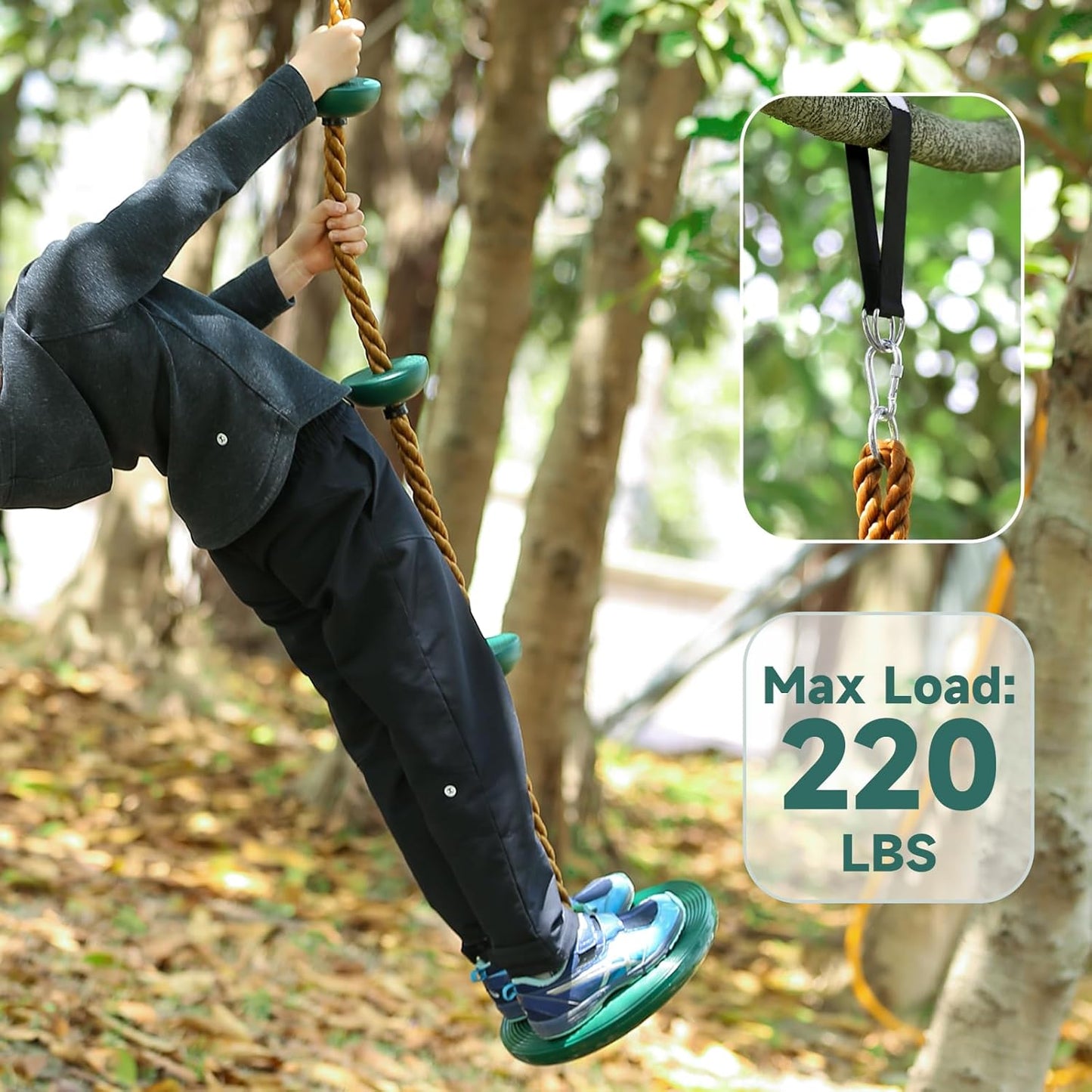 Skiennix Climbing Rope Set - Disc Swing Seat with Bonus Hanging Strap & Carabiner | Playground Fun for Kids
