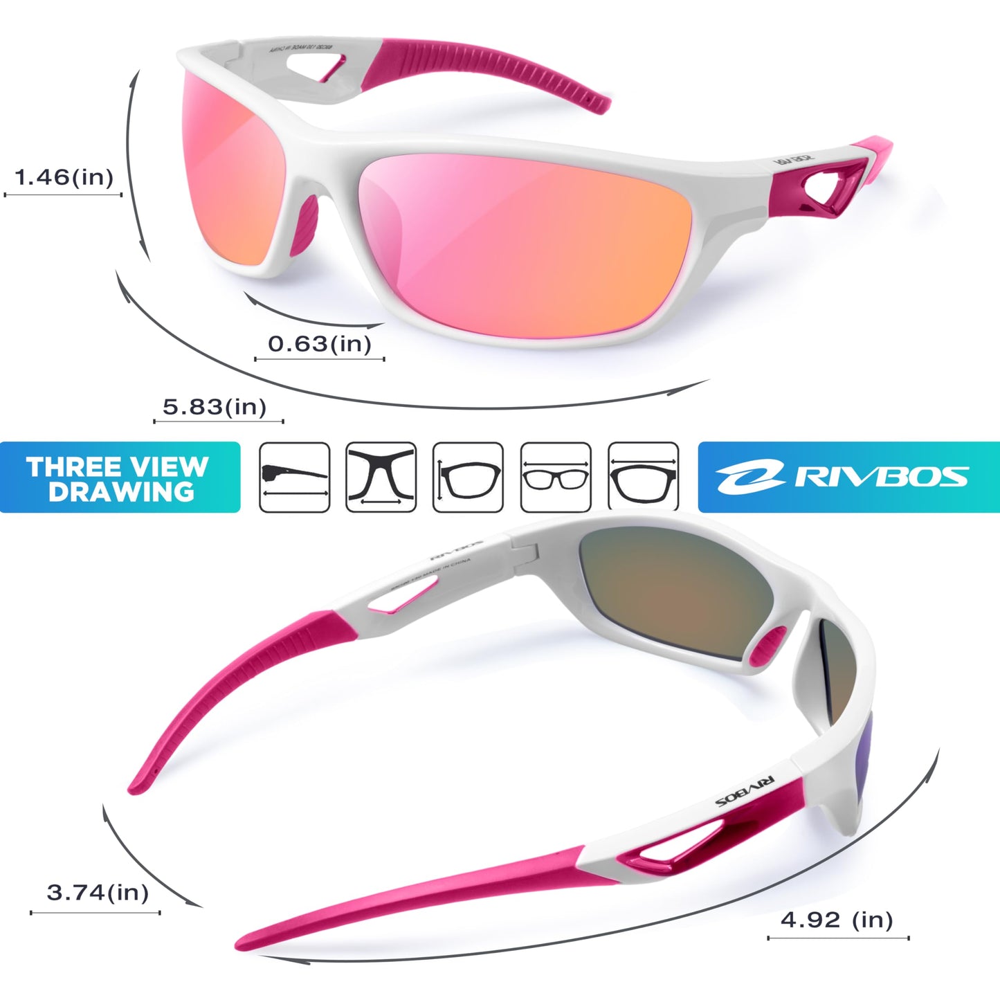 RIVBOS Polarized Sports Sunglasses Driving Sun Glasses Shades for Men Women Tr90 Frame for Cycling Fishing Running RB831 White Frame/Pink Lens