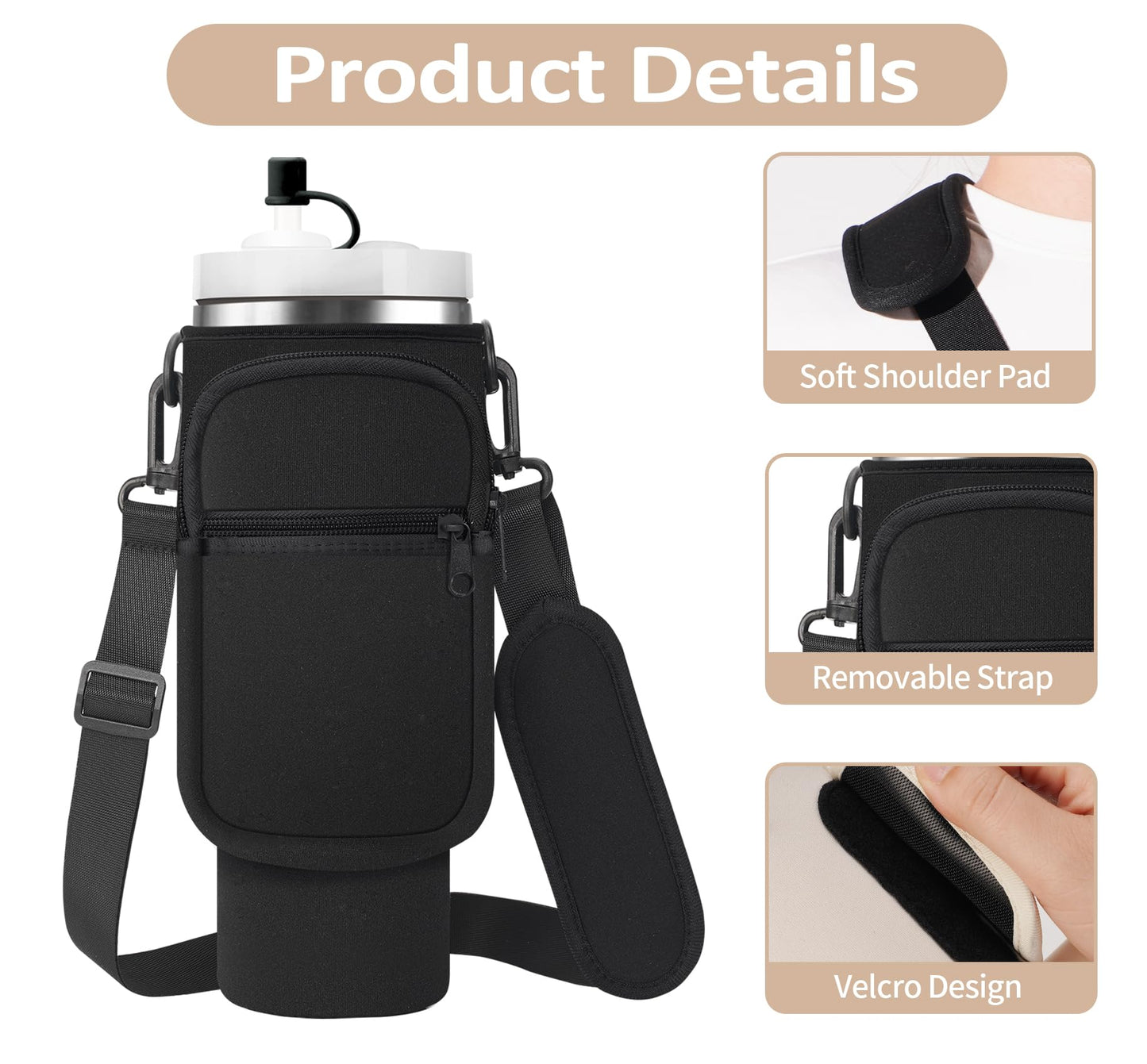 AceTreker Water Bottle Carrier Bag with Strap for Stanley 40/30 oz Tumbler Neoprene Insulated Cup Holder Sleeve with Phone Pocket & Straw Cover for Stanley Cup Accessories