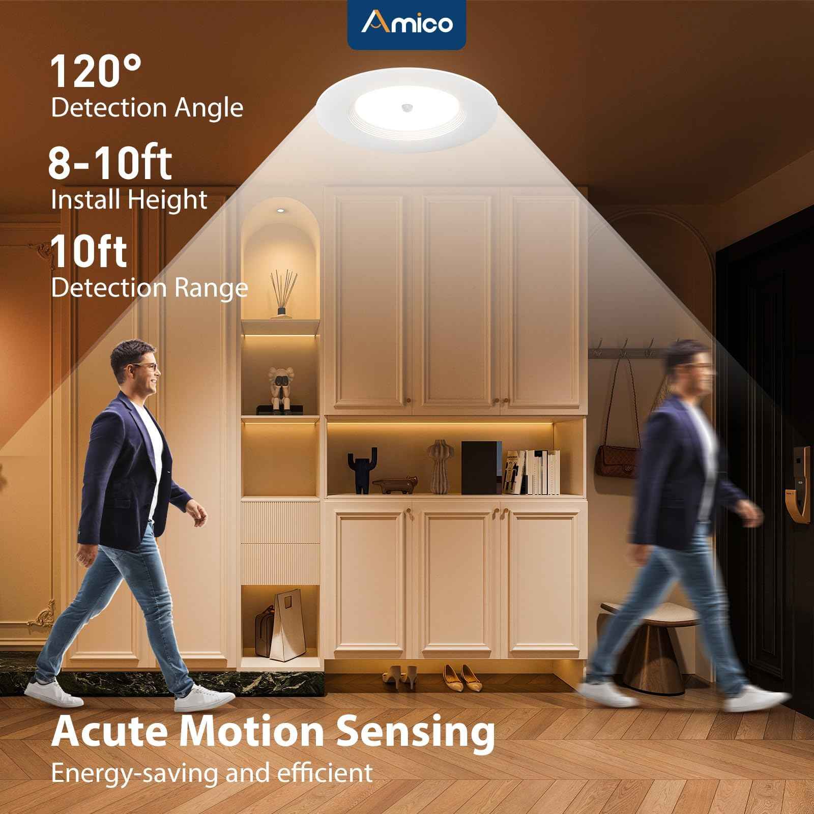 Amico 5/6 inch Motion Sensor Recessed Light, 12.5W=100W, 950LM, 2700K/3000K/4000K/5000K/6000K Selectable, LED Retrofit Can Lights, IC Rated - ETL & FCC, White