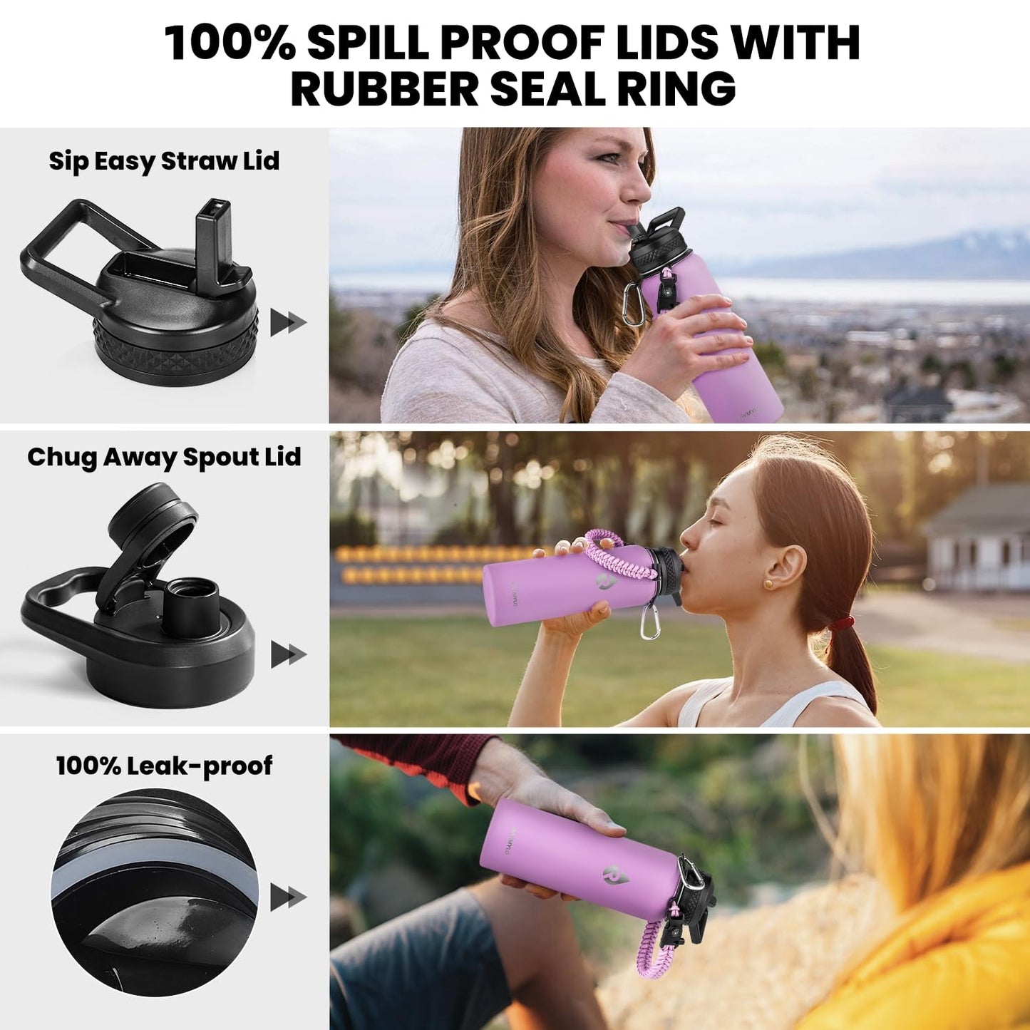 RAYMYLO Insulated Water Bottle 40 oz, Triple Wall Vacuum Stainless Steel (Cold for 36Hrs, Hot for 18Hrs), Leak Proof & Non-BPA, Modern Water Flask Jug with Paracord Handle & Straw Spout Lids