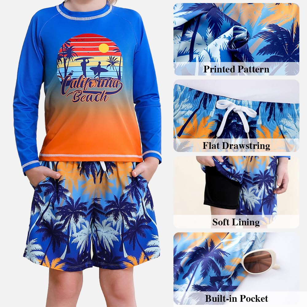 Belovance Boys Two Piece Rash Guard Swim Set Kids Long Sleeve Bathing Suit Swimwear Shirt with Trunks Swimming Suits Surfing Beach Clothes Quick Dry Size 7 8 Blue Orange