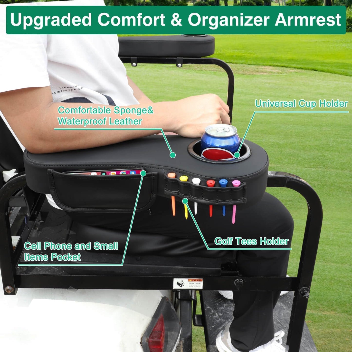 LEAPGOMAX No Drilling Golf Cart Armrest with Cup Holder Phone Bag Golf Tree Holder for Rear Seat, Triangle Support Frame Fits 1" Side Square Tube EZGO Club Car DS Precedent Yamaha Golf Carts Arm Rest