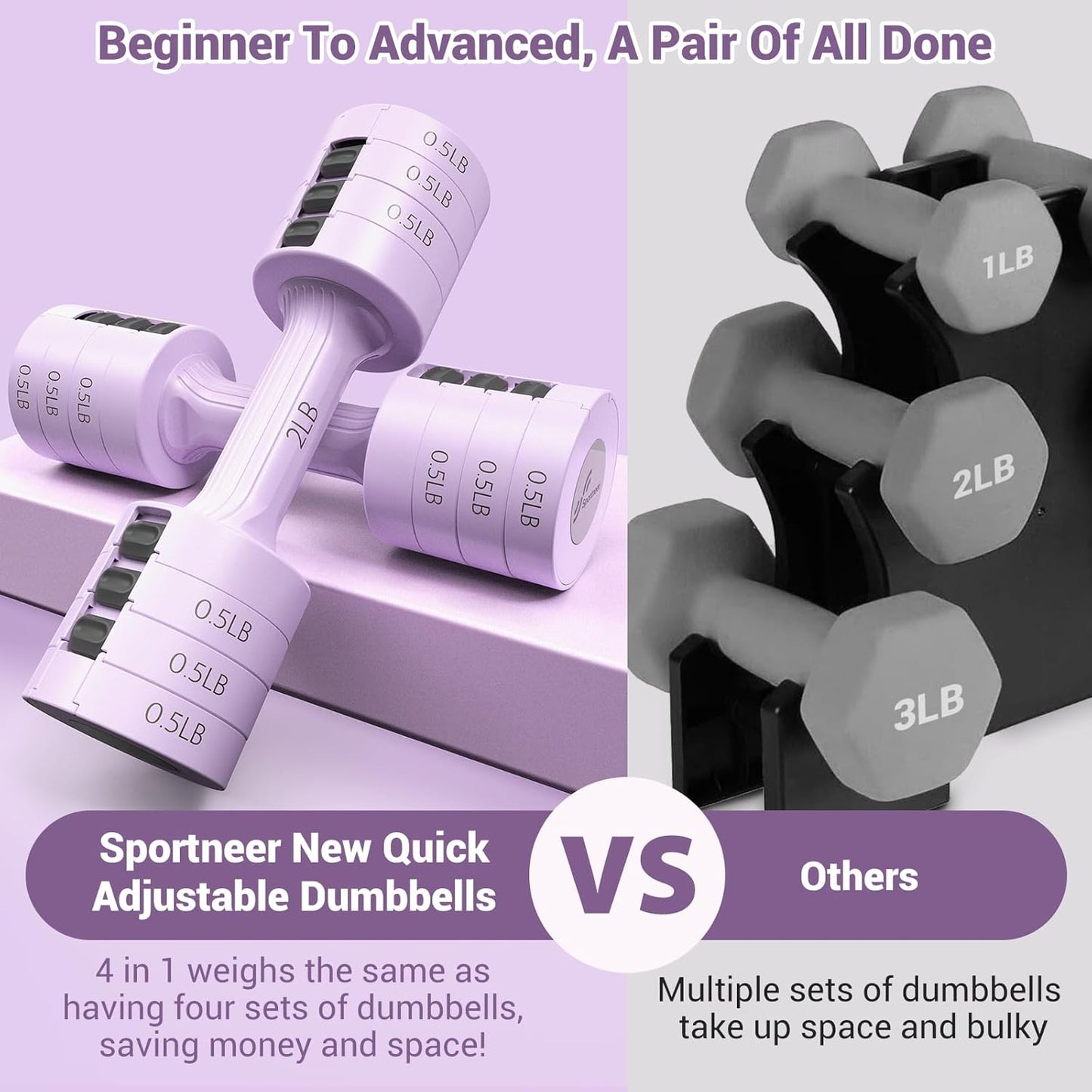 Sportneer Adjustable Dumbbells Set - 5 lb Weights with Fast Adjust Feature | 4-in-1 Home Gym Solution