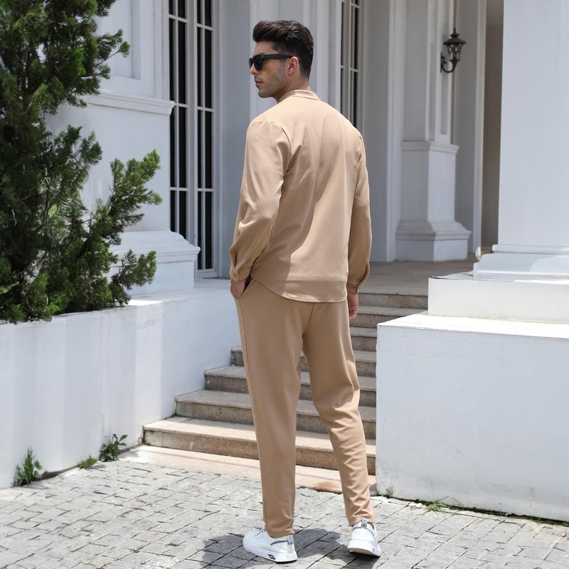 FZNHQL Outfits 2 Piece XXL Men Set Fashion Shirt and Pants Combo Tracksuit Sport Two Piece Trendy Long Sleeve Track Suit Set Khaki Brown XX-Large