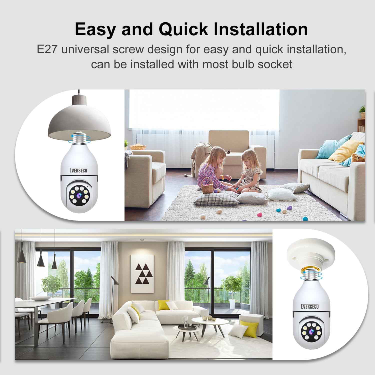 EVERSECU HD 1080P Wireless Light Bulb Security Camera, 2.4g & 5g WiFi, Motion Auto Tracking, 2 Way Audio, Smart Night Vision, Support ONVIF & RTSP, Work with Alexa, SD Card & Cloud Storage, Free App
