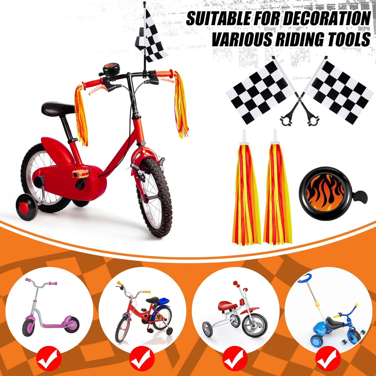 Liliful 5 Pcs Kids Bike Accessories Sets Include 2 Pcs Flame Bike Tassel Streamers Bell 2 Black and White Checkered Flags Pinwheel Toddler Kids Boys Girls Gift Decoration Kit