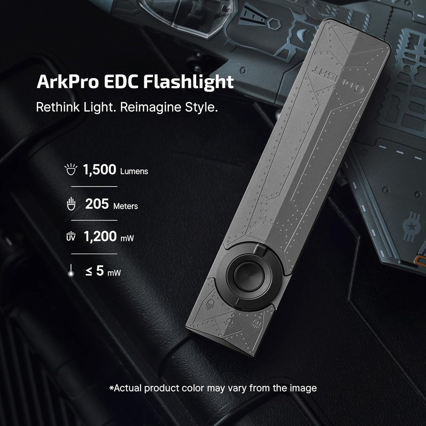 OLIGHT ArkPro EDC Flashlight - Rechargeable 1500 Lumens with Green Beam, UV & White LED | Compact Camping Light
