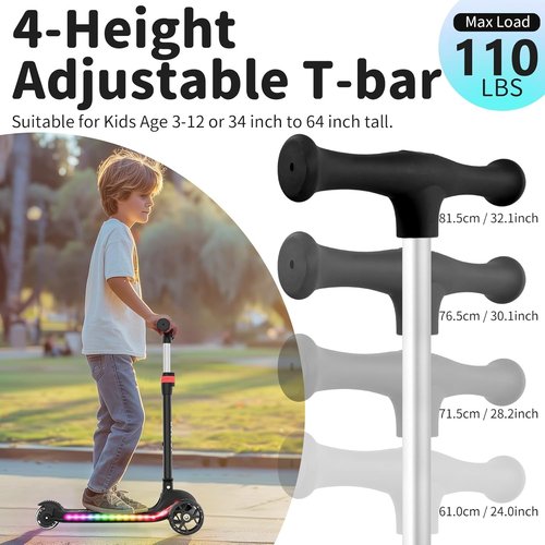 BELEEV A9 Kids Scooter - LED Light-Up Wheels & Deck, Adjustable Handlebar, 3-12 Years, Foldable Design