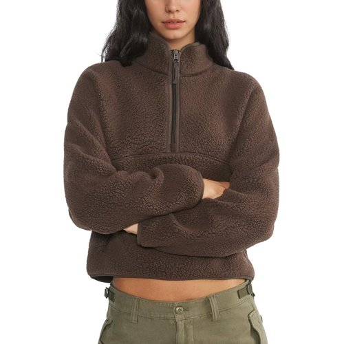 Keeliya Womens Fleece Sweatshirts Cropped Half Zip Sherpa Pullover Fuzzy Warm Winter Jackets with Zipper Pockets(Brown,L)