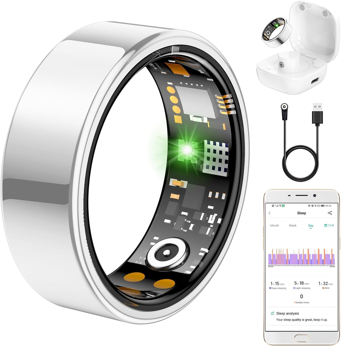 Skiennix Smart Ring - Health Tracker for Men & Women | Heart Rate, Blood Oxygen, Sleep Monitor - IP68 Waterproof (Silver, Size 11)