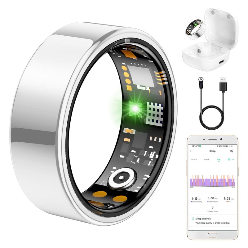 Ring Health Tracker for Women Men, Fit Ring with Heart Rate, Blood Oxygen, Sleep Monitor, Calories, Step Counter, IP68 Waterproof Smart Ring for iPhone & Android, No Subscription Fee (Silver, 12#)