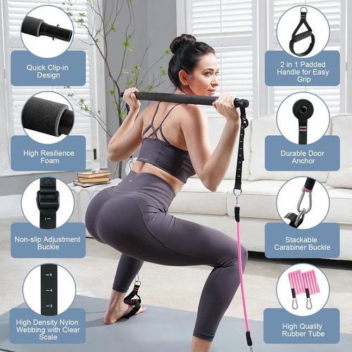 Kisnbld Pilates Bar Kit - Multifunctional Portable Bar with 3 Resistance Bands for Home Workouts