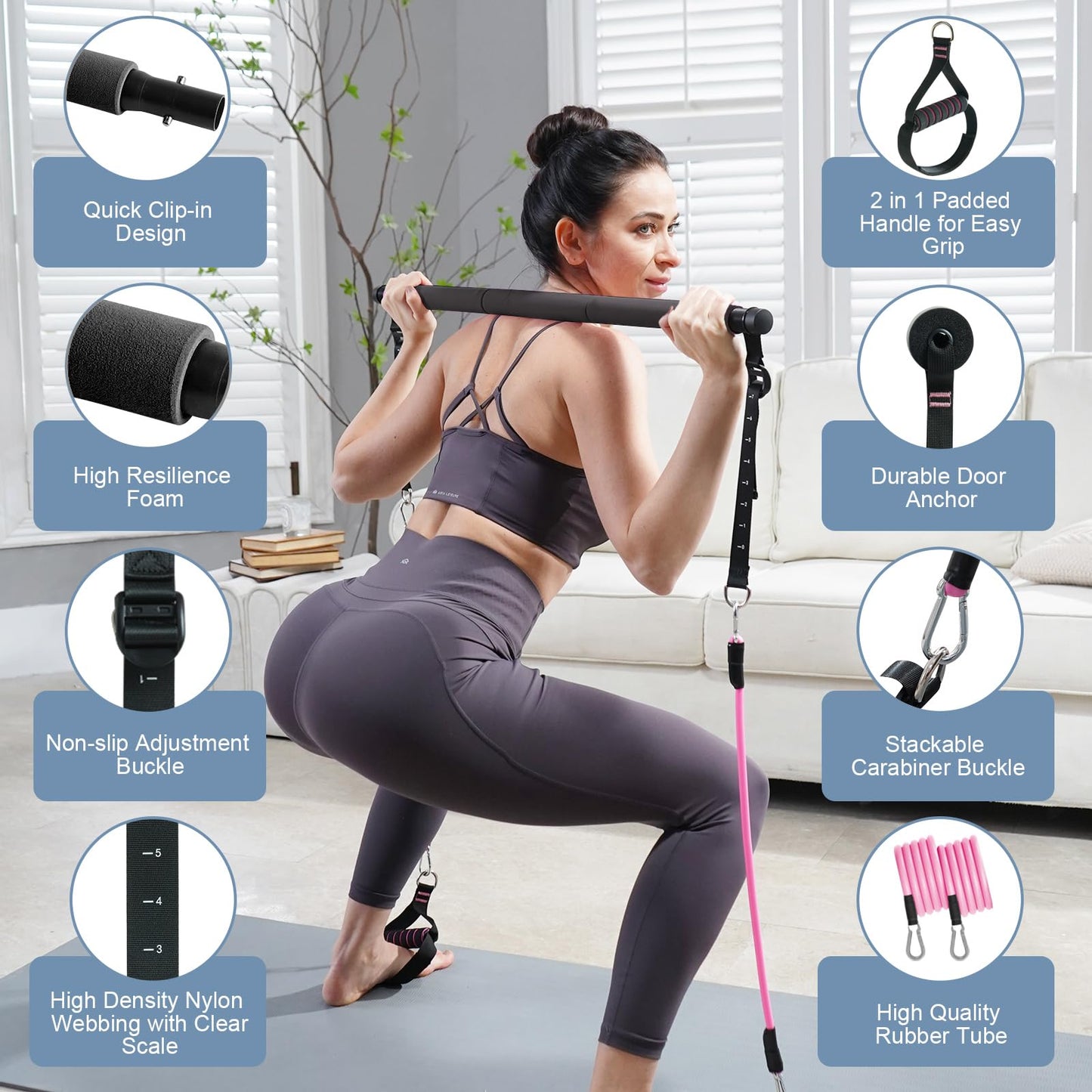 kisnbld Pilates Bar Kit with Resistance Bands, Multifunctional Pilates Bar with 3 Set Exercise Resistance Bands, Portable Pilates Equipment for Women Home Gym Yoga Workouts