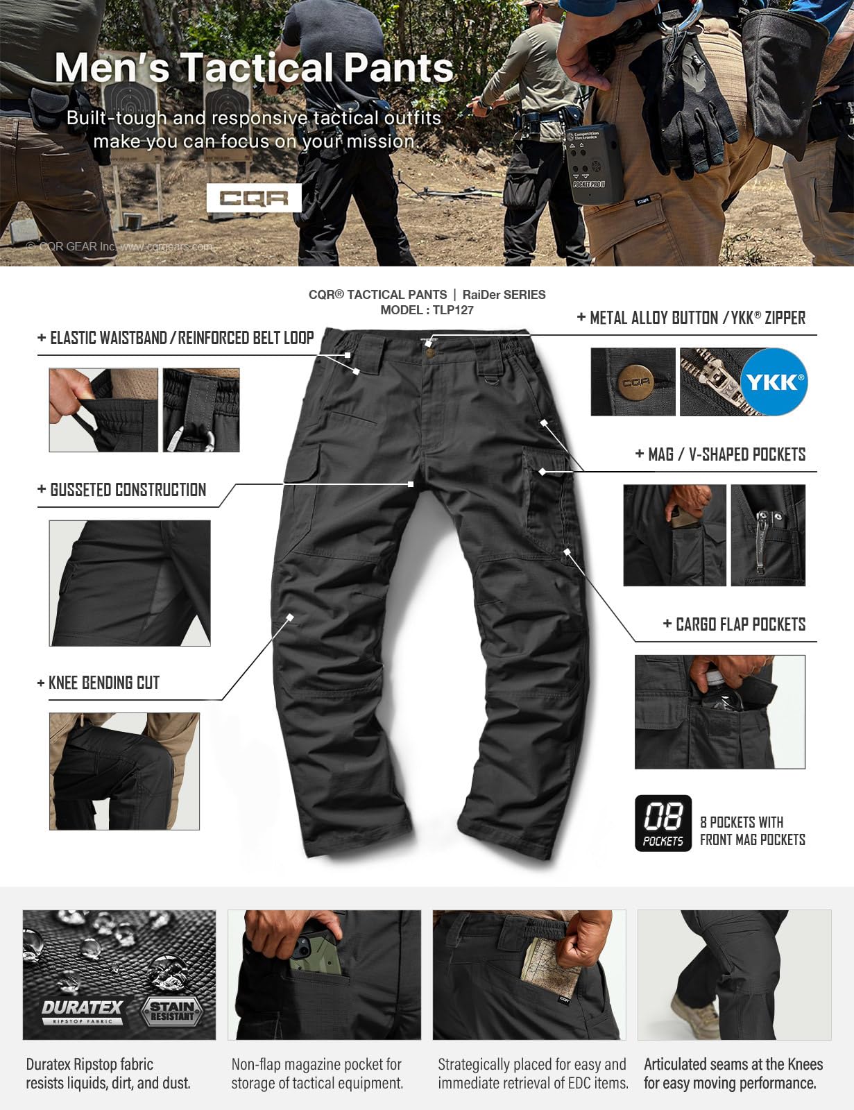 CQR Men's Tactical Pants, Water Resistant Ripstop Cargo Pants, Lightweight EDC Work Hiking Pants, Outdoor Apparel, Raider Mag Pocket Black, 36W x 32L