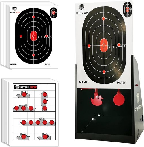 Atflbox BB Gun Target Trap - 7 x 9 Inch with 20 Paper Targets & Spinning Metal Silhouettes | Ideal for Airsoft & Rifle Shooting