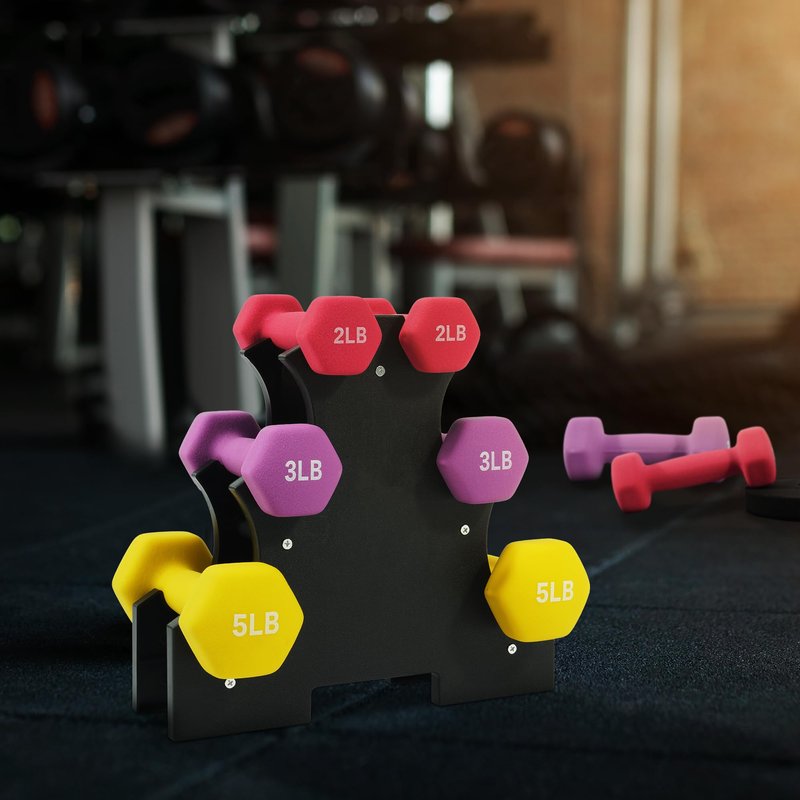 Fitvids Colored Neoprene Dumbbell Set with Rack, 20LB Set: 2/3/5LB Pairs, Color Series