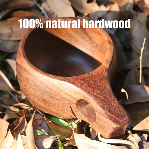 Flimjibg Coffe Mug Portable Wooden Camp Cup with Handle Kuksa Handmade Cool Hot Drinking Viking Mug Unique Natural Wood Grain for Outdoor Travel Hiking Men Women