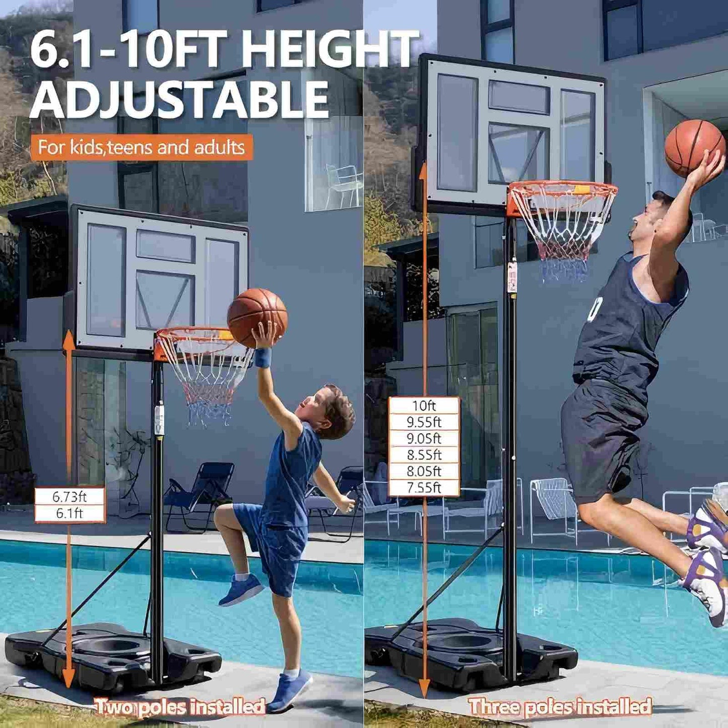 Sweetcrispy 6.1-10FT Portable Basketball Hoop Outdoor, Adjustable Height, 44 Inch Shatterproof Backboard/Shock Absorbent Rim, Fillable Base, 2 Wheels for Backyard