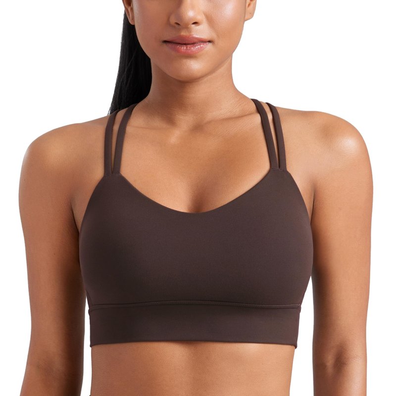 CRZ YOGA Softness Mold Butterluxe Strappy Longline Sports Bras for Women - Double Spaghetti Strap Workout Yoga Crop Top Hot Fudge Brown Medium