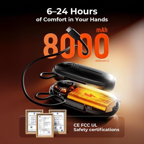 Hand Warmers Rechargeable 2 Pack,8000mAh Dual-Sided 5 Level Electric Pocket Heater with Built-in USB-C Cable, Full-Palm Fast Heating 24hrs, LED Display, Gifts for Men Women