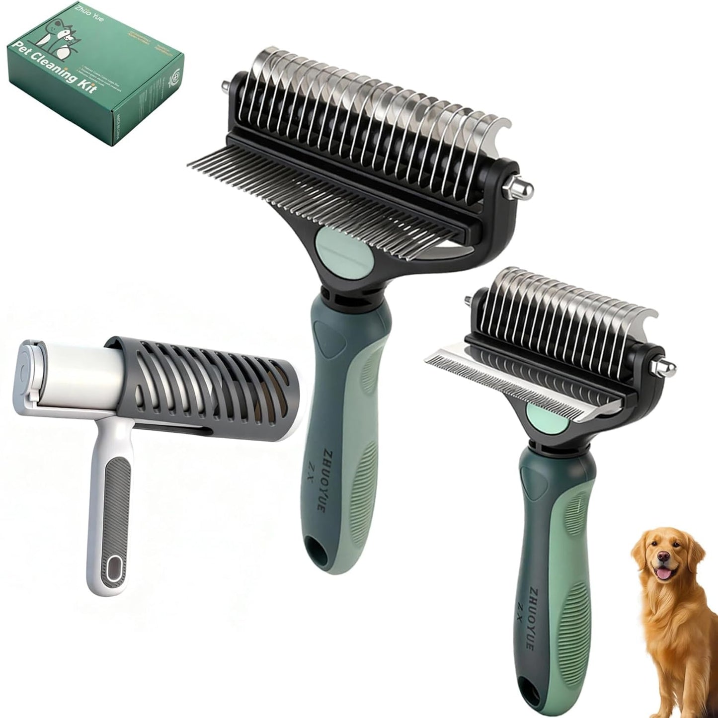 Skiennix 3-in-1 Dog Deshedding Brush - Grooming Tool with Undercoat Rake & Dematting Comb | Medium to Large, Peacock Green