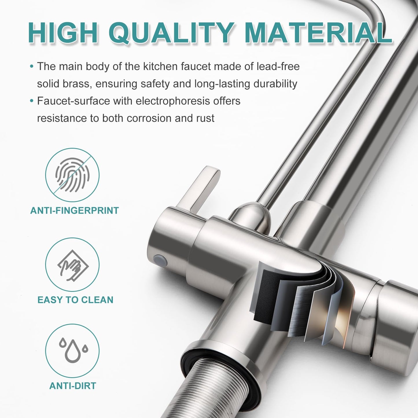 KINKIB Waterfall Kitchen Faucet with Filter - Pull Down Kitchen Faucet with 4 Spray Modes, RO System Compatible, Dual Handle Lead-Free Brass Design, Brushed Nickel