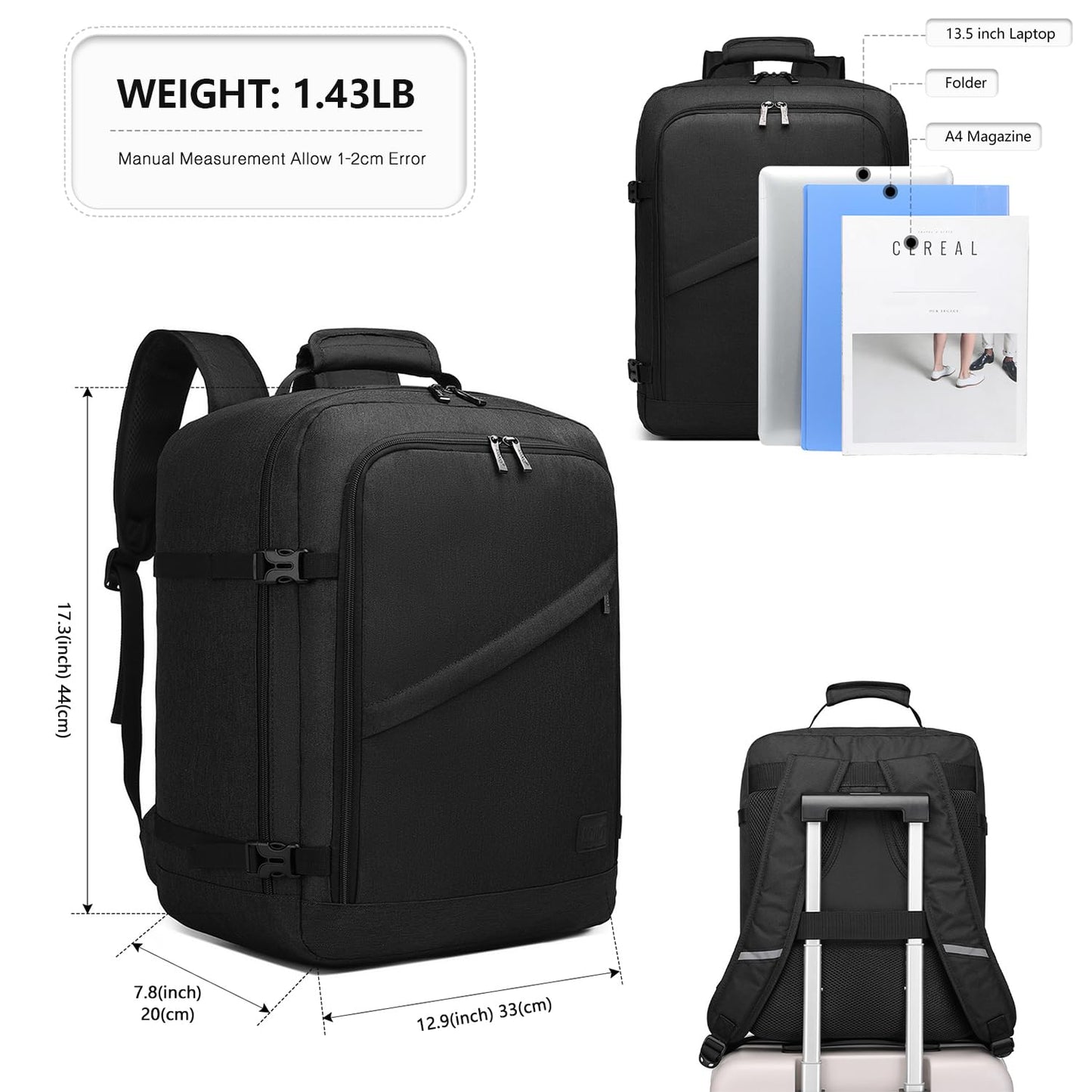 Kono Carry on Backpack, 18" Airplane Approved Under Seat Travel Backpack for Men and Women, Waterproof Lightweight Daypack for Flight 30L (Black, Medium)