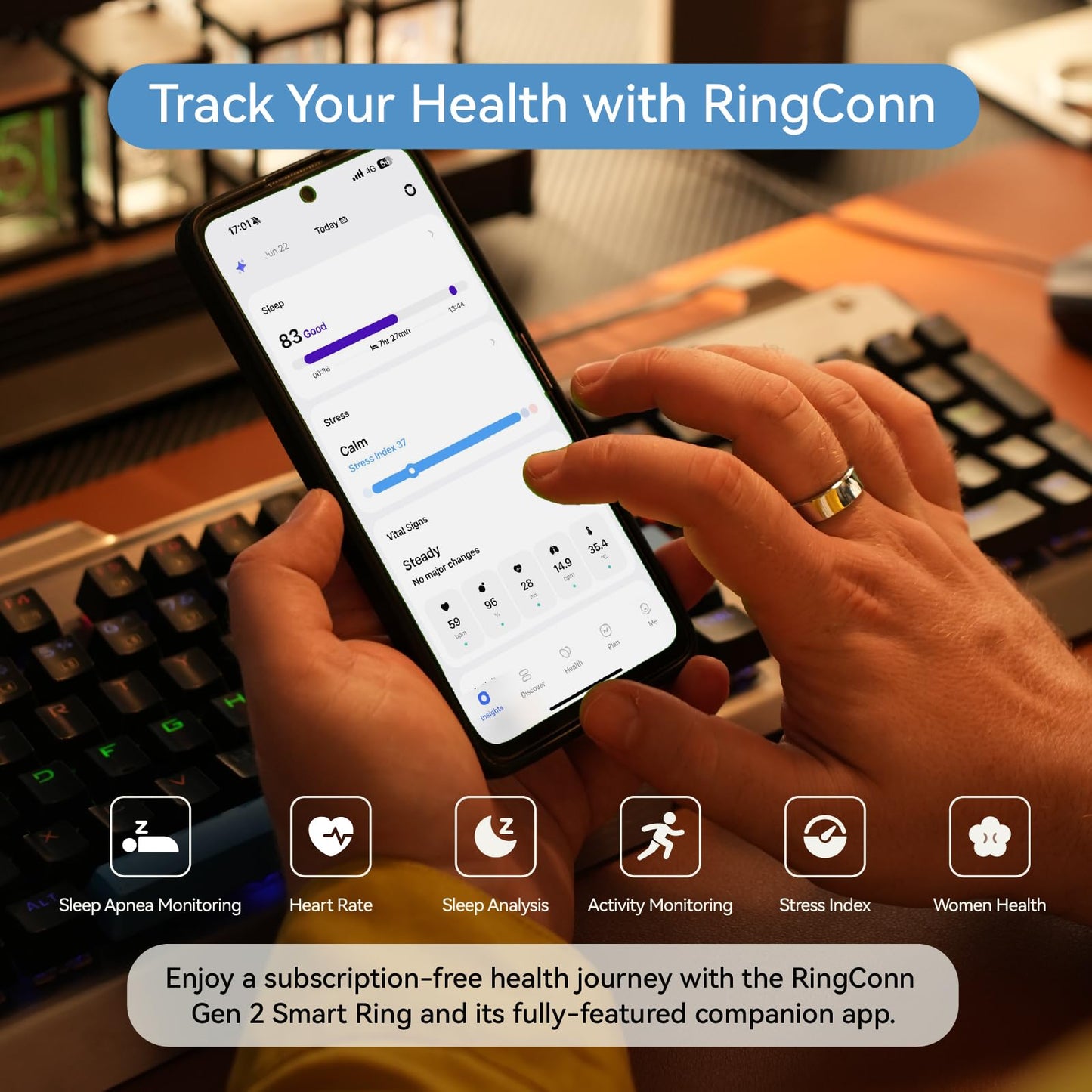 RingConn Gen 2 Smart Ring - Sleep Apnea Monitoring(Black, Size 10)